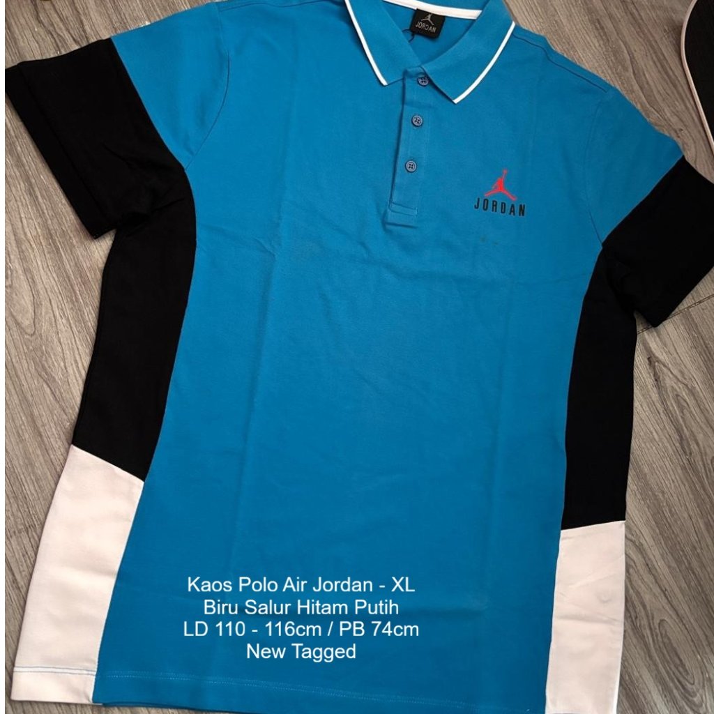 Kaos Polo Jordan Biru Lis Hitam Putih Lengan Pendek Size XL New Tagged