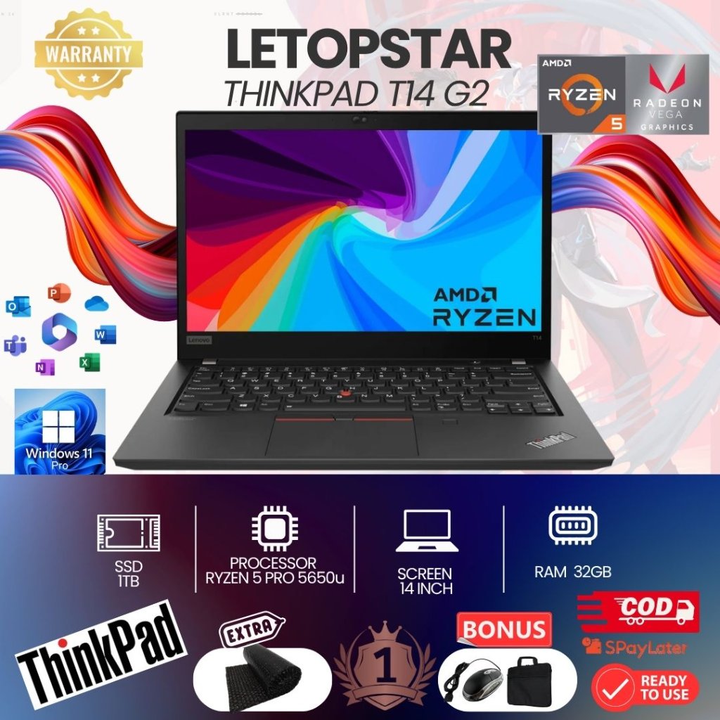 LAPTOP THINKPAD T14 G2 RYZEN 5 PRO 5650u RAM 32 SSD 1TB TOUCHSCREEN