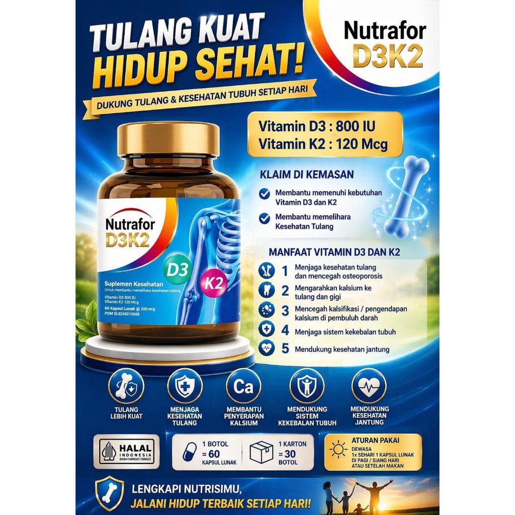 Suplemen Nutrafor D3K2 Vitamin D3 800 IU Vitamin K2 120 Mcg 60 Kapsul Lunak Halal ORIGINAL-BPOM