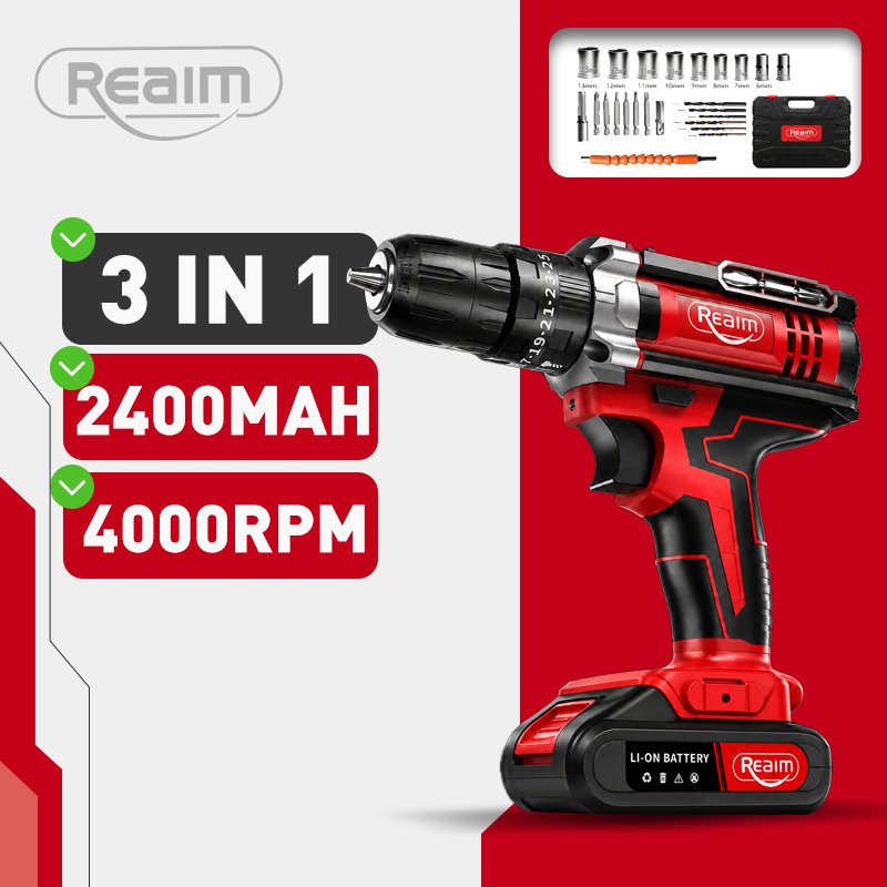 REAIM Bor Cordless 3 Fungsi Mesin Bor Baterai Impact 10mm Set 24PCS Charger EU Box Plastik Kayu Besi