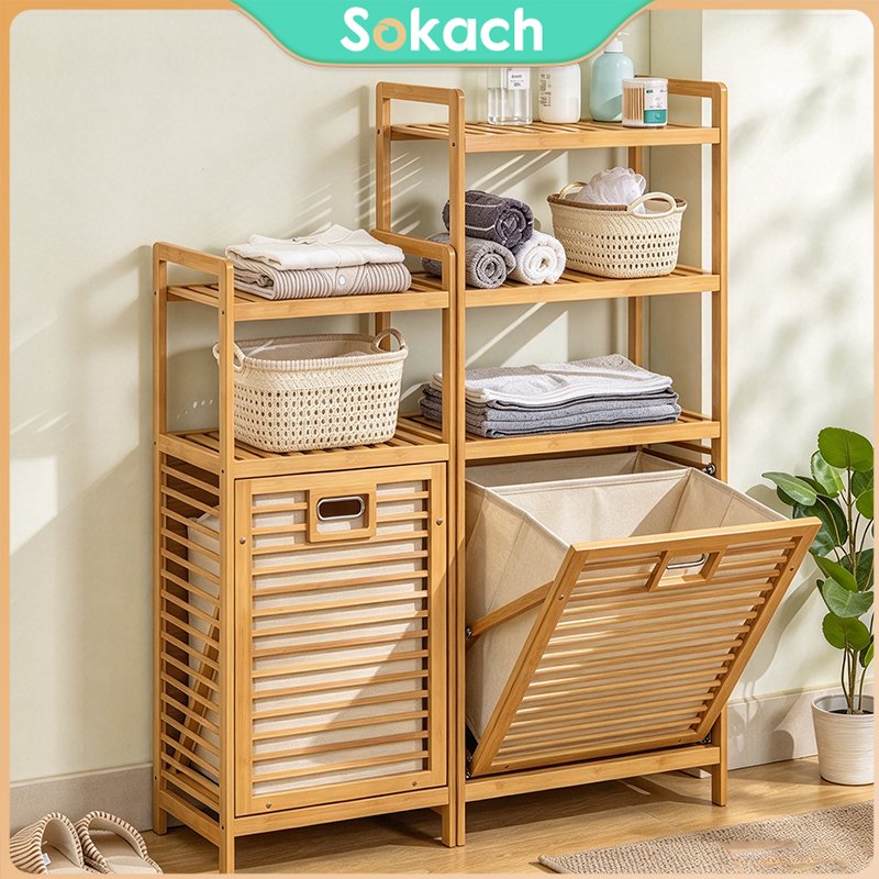 Rak Penyimpanan Bamboo 4 Tingkat Keranjang Baju Kotor Tempat Pakaian Kotor Pintu Flip –  Laundry Bas