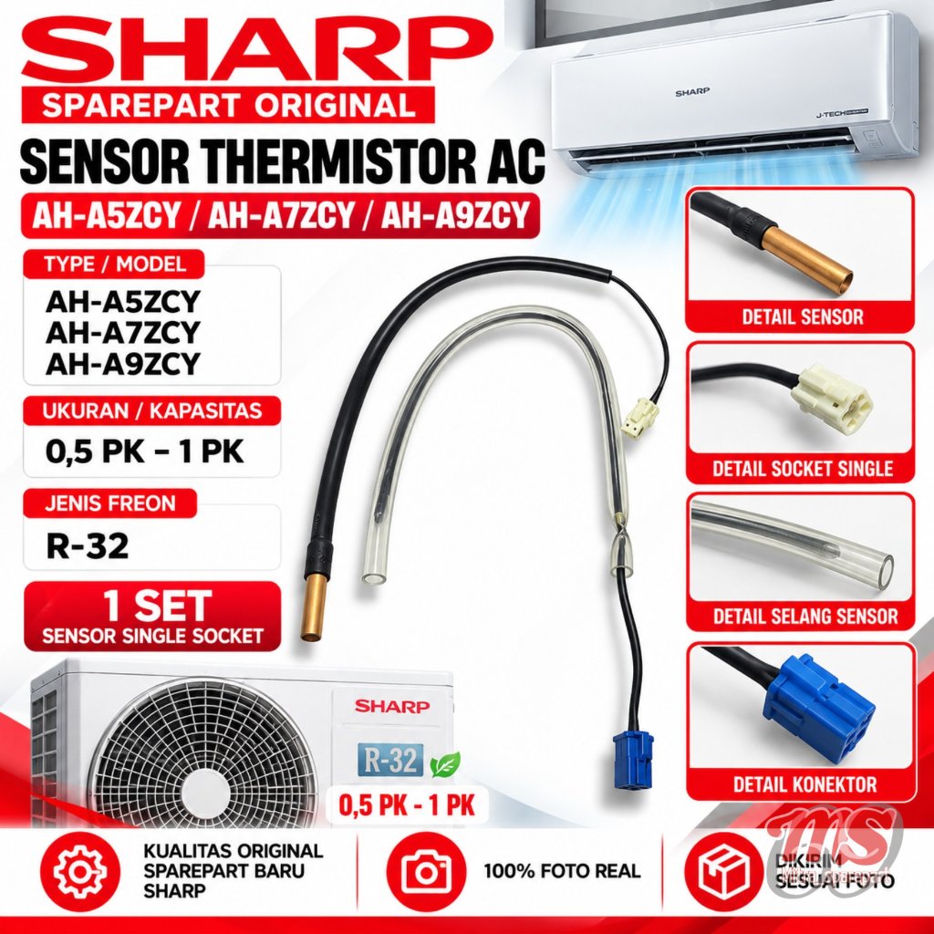 AC. SENSOR THERMISTOR AC SHARP AH-A7ZCY 1 SET SINGLE SOCKET FREON R32 KUALITAS ORIGINAL SHARP SPAREP