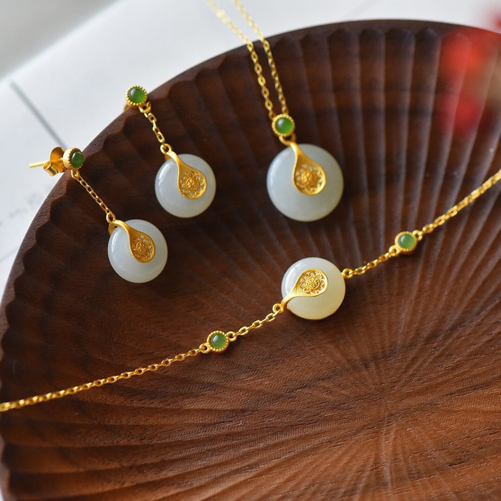 anting-anting mewarisi metode kuno pelapisan emas, inlay batu giok, imitasi bidang batu giok, geleng