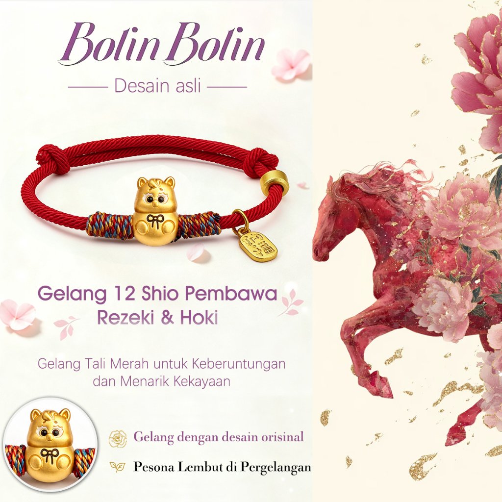 BOLIN BOLIN Gelang Tali Merah Shio China 12 Hewan Zodiac Liontin Emas Imut Gelang Keberuntungan Pria