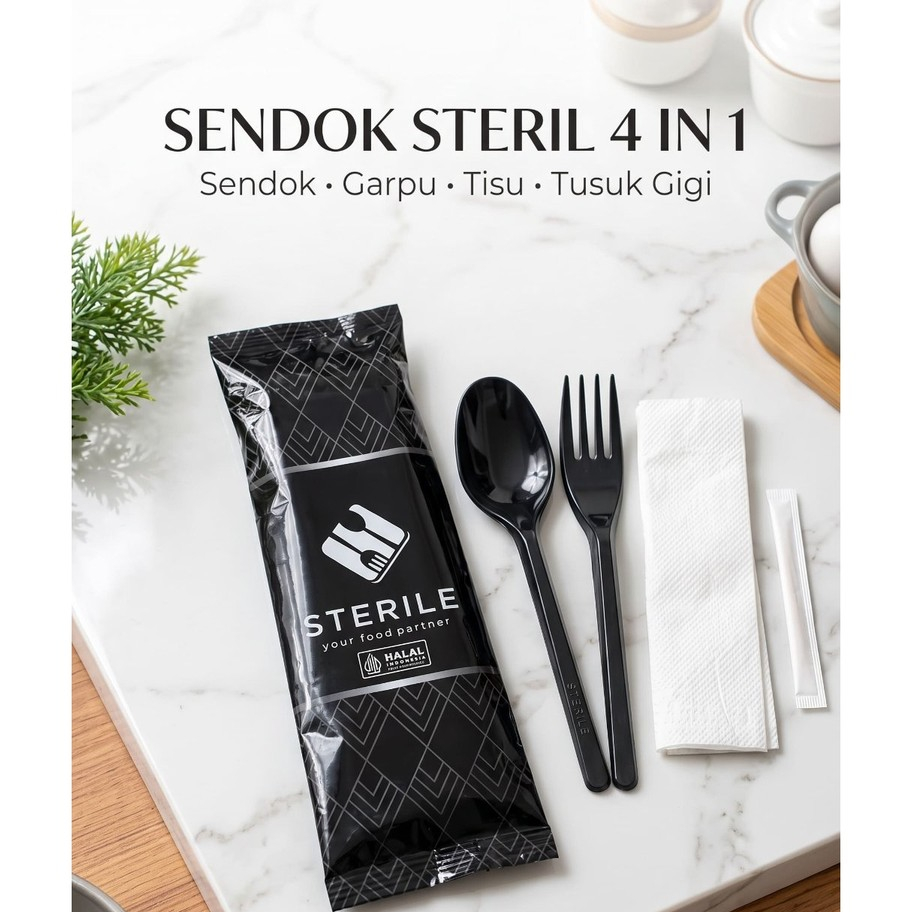 Sendok Set Sterile 4 in 1 Hitam Elegan (Sendok, Garpu, Tisu, Tusuk Gigi) - Alat Makan Plastik Higien