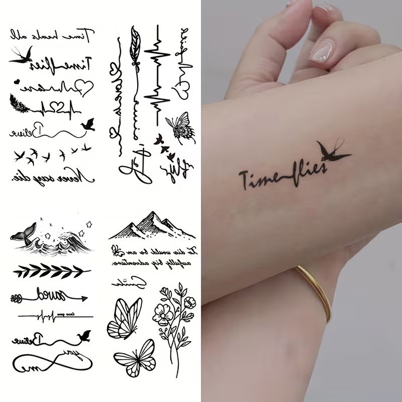 Stiker Tato Sementara Desain Garis Hitam Hati, Tulisan Cinta, Bunga dan Kupu-kupu, untuk Jari, Perge