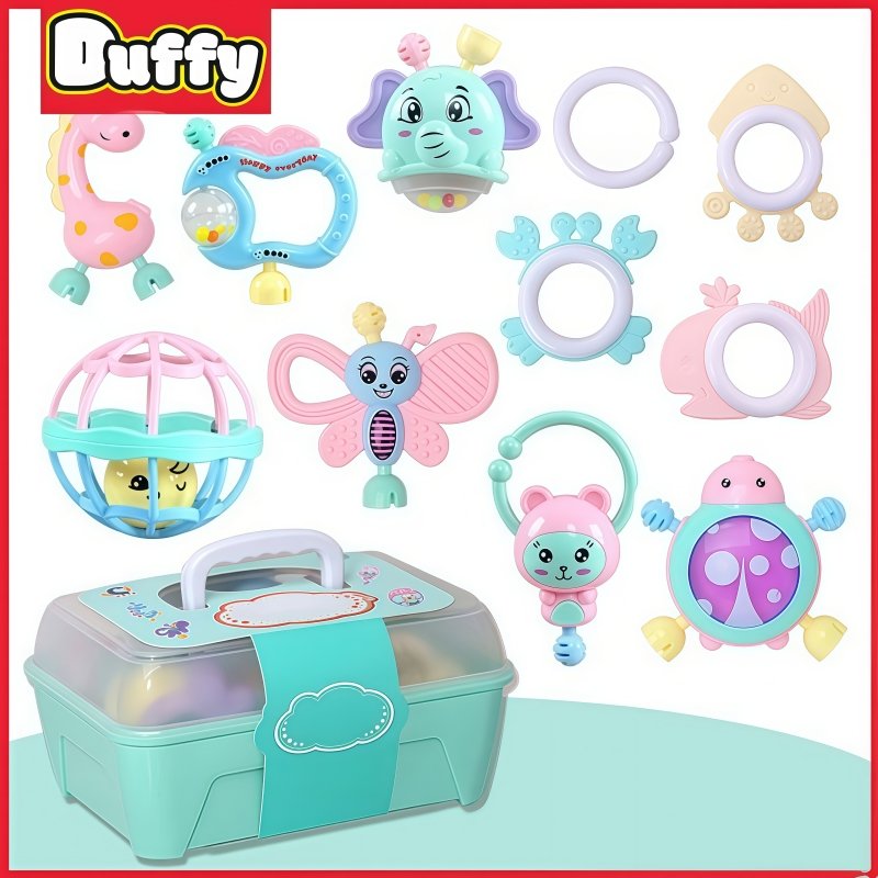 Duffy toys 12Pcs Mainan Teether Gigitan Bayi Bpa Free / Mainan Lonceng Kerincingan Bayi Set Mainan T