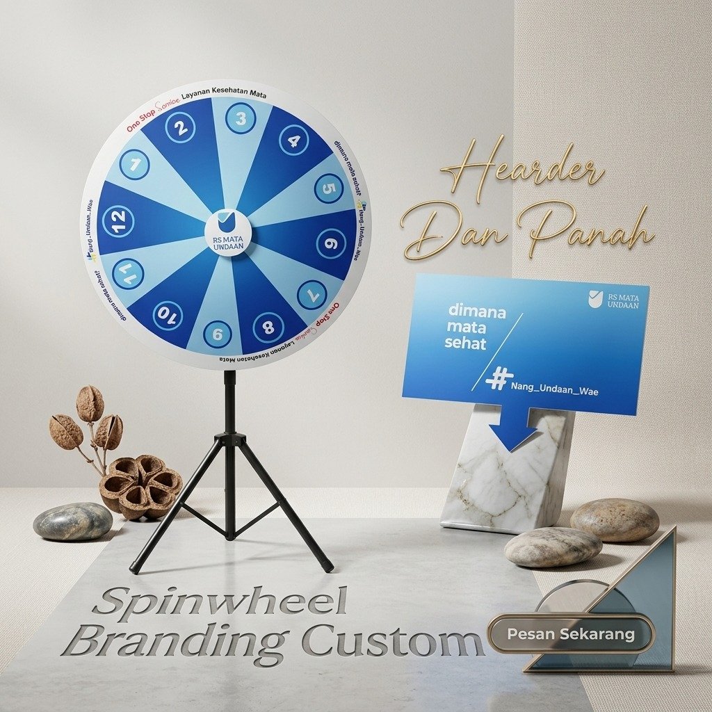 Lucky Spin Wheel 80cm Custom Branding - Roda Keberuntungan Event & Promosi (Header + Panah) Pancawar