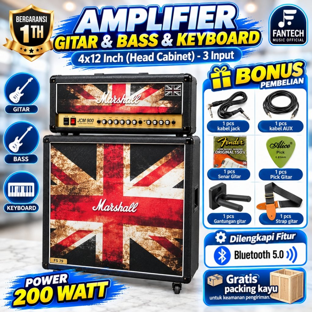 Ampli Gitar & Bass & Keyboard Bluetooth bisa untuk karaoke 3 Input Marshall Bonus Kabel Jack, Senar 