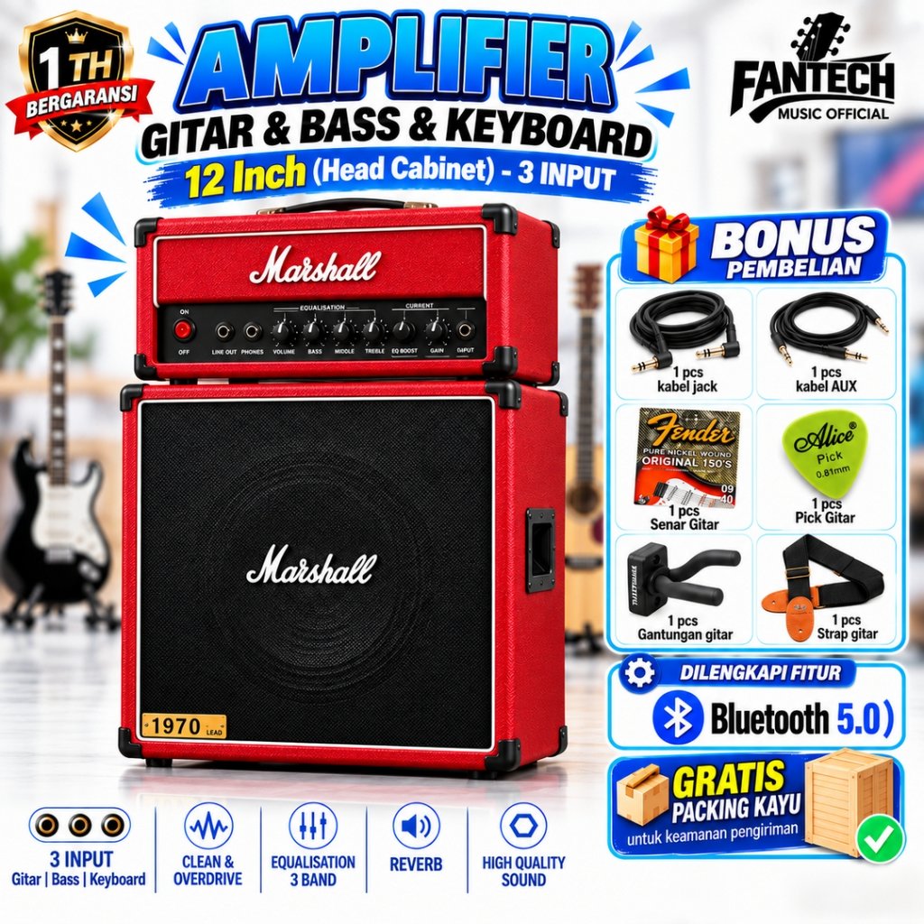 Ampli Gitar & Bass 12 Inch ada bluetooth Head Cabinet bisa untuk karaoke Marshall 3 Input Free Kabel