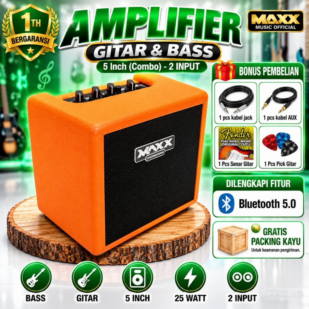 Ampli gitar & bass 5 inc original bluetooth 2 input bonus kabel jack,aux,pick,senar termurah oranye