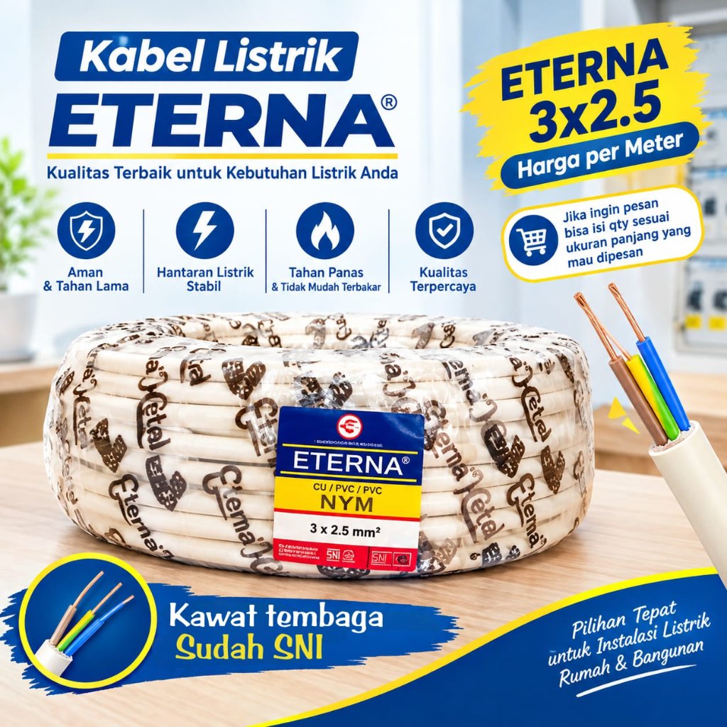 Kabel Eterna NYM 3x2,5mm Kawat Tembaga Harga Permeter Kabel Kawat Tembaga 3x2.5mm (Potongan)