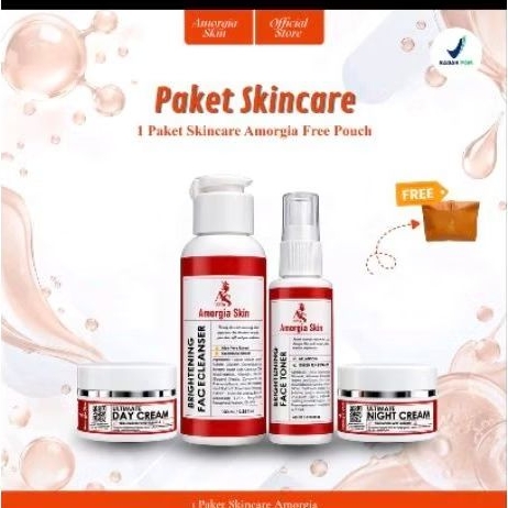 AMORGIA SKIN - 1 Paket lengkap Skincare All Skin (Face Wash + Toner + Day + Night Cream) Free Pouch