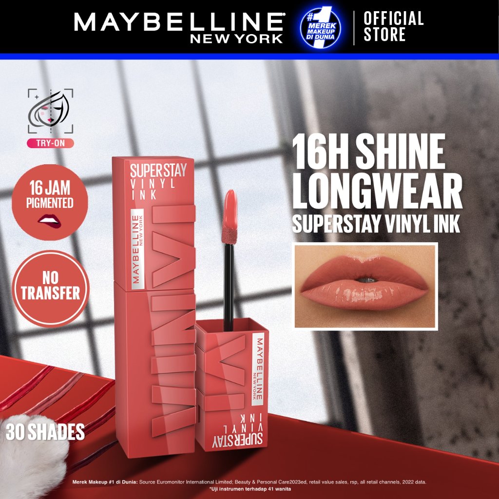 MAYBELLINE OFFICIAL Superstay Vinyl Ink 4.2 ml - Shiny Pigmented Liquid Lipstik Lipstick Make Up Lip