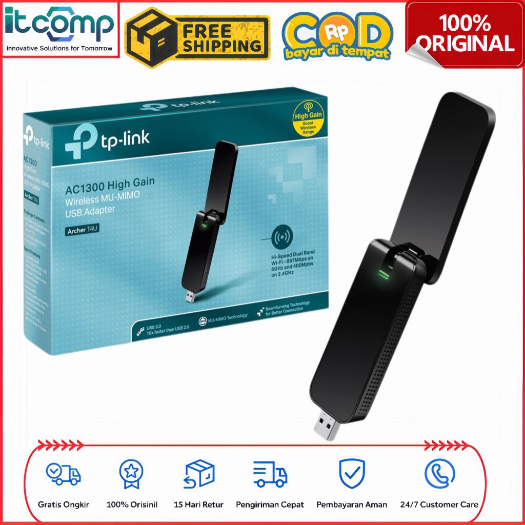 TP-Link Archer T4U AC1300 Wi-Fi 5 Dual Band Gigabit MU-MIMO Single USB 3.0 Adapter