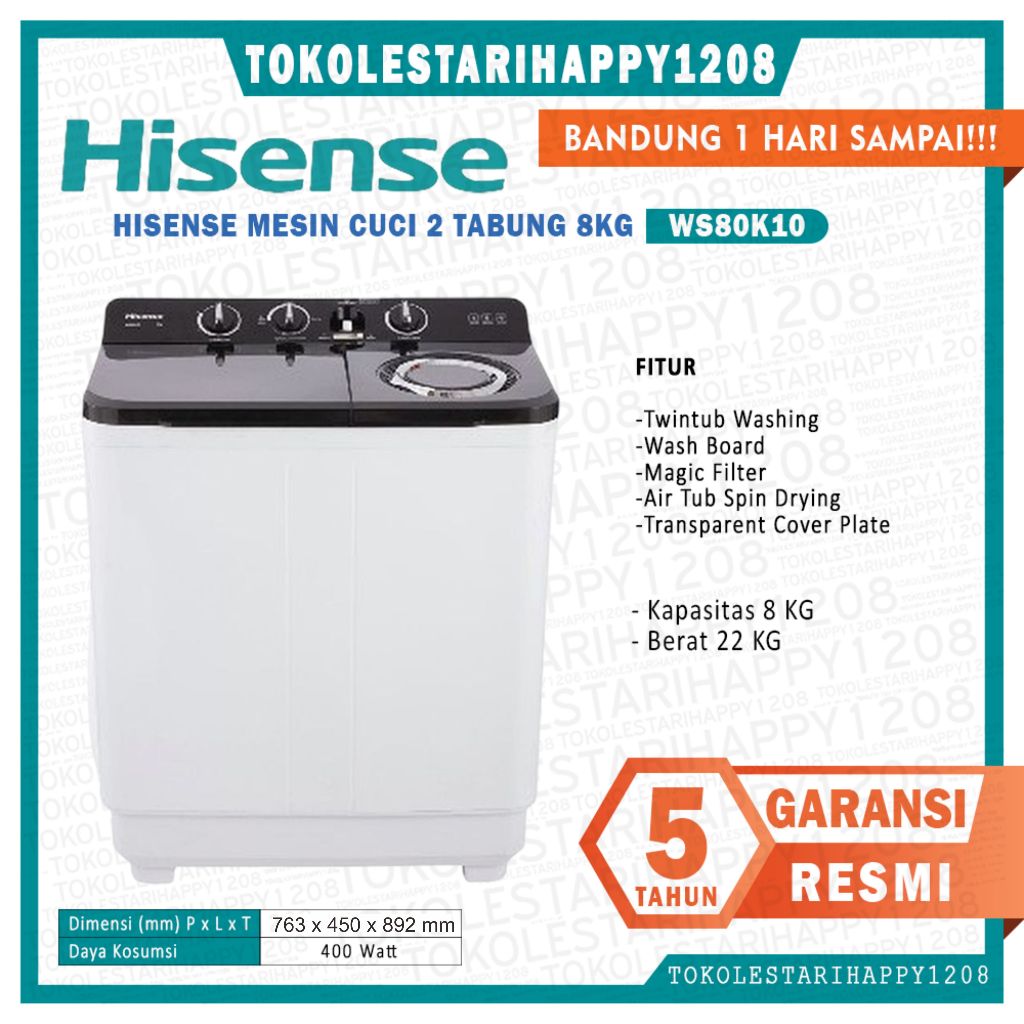 Hisense WS80K10 Mesin Cuci 8 Kg 400 Watt - Garansi Resmi