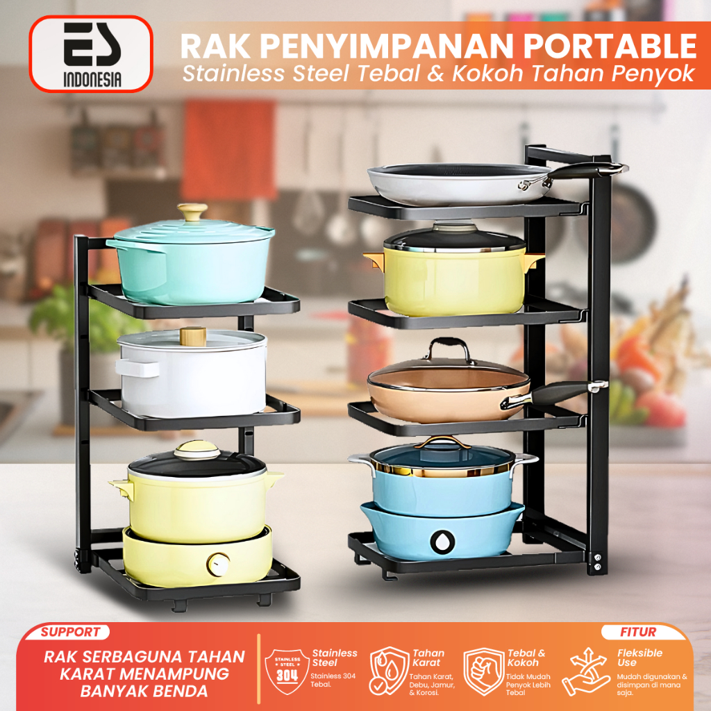 ESINDO Rak Susun Bawah Wastafel Rak Tingkat Beroda Rak Penyimpanan Adjustable Peralatan Rumah Dapur