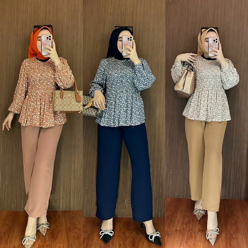 COD Setelan Blouse Wanita Crinkle Motif / Setcel Blouse Smok / Setelan Wanita Kekinian
