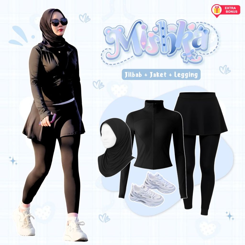 oneset 3in1 jaket + legging rok + jilbab bergo | hoodie muslim panjang baselayer midlayer olahraga m