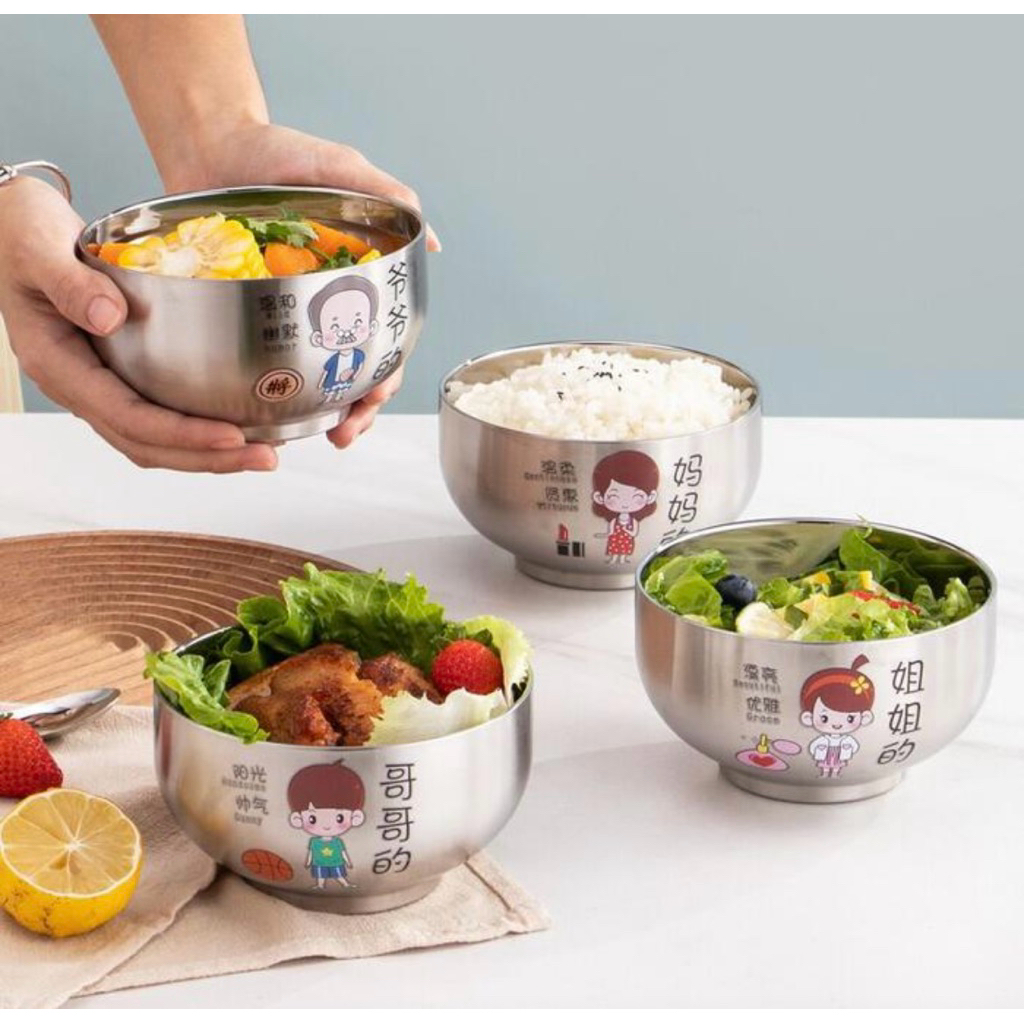 Mangkok Korea Stainless Tutup Anti Panas Kedap Udara Karakter Family