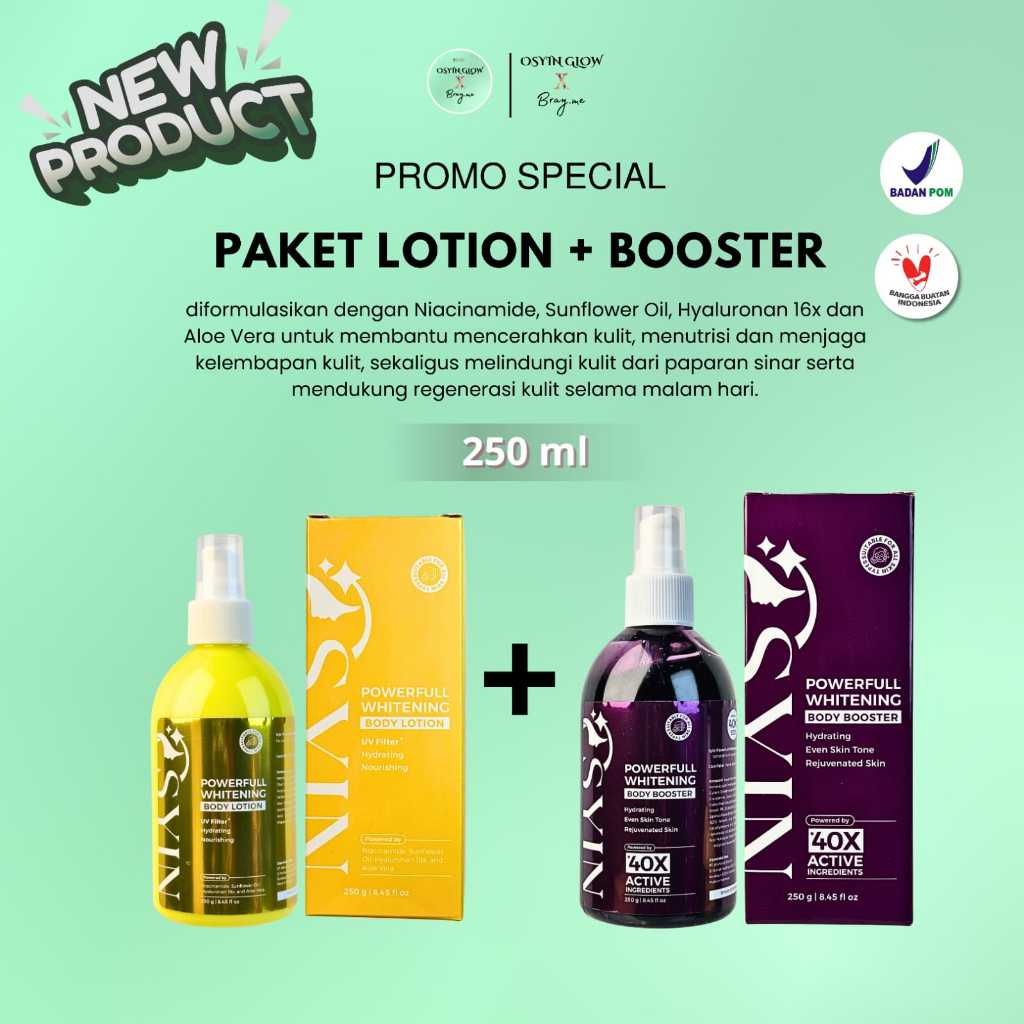Osyin Glow Paket Powerfull Whitening (Whitening Body Lotion 250ml + Whitening Body Booster 250ml)