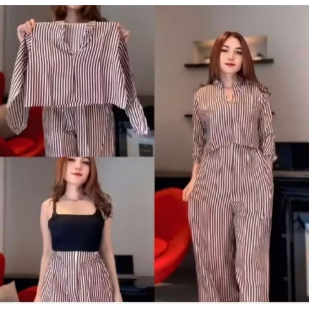Set Wanita Garis Garis Kekinian Baju Setelan Wanita Dewasa Terbaru One Set Crop Top Celana Kulot