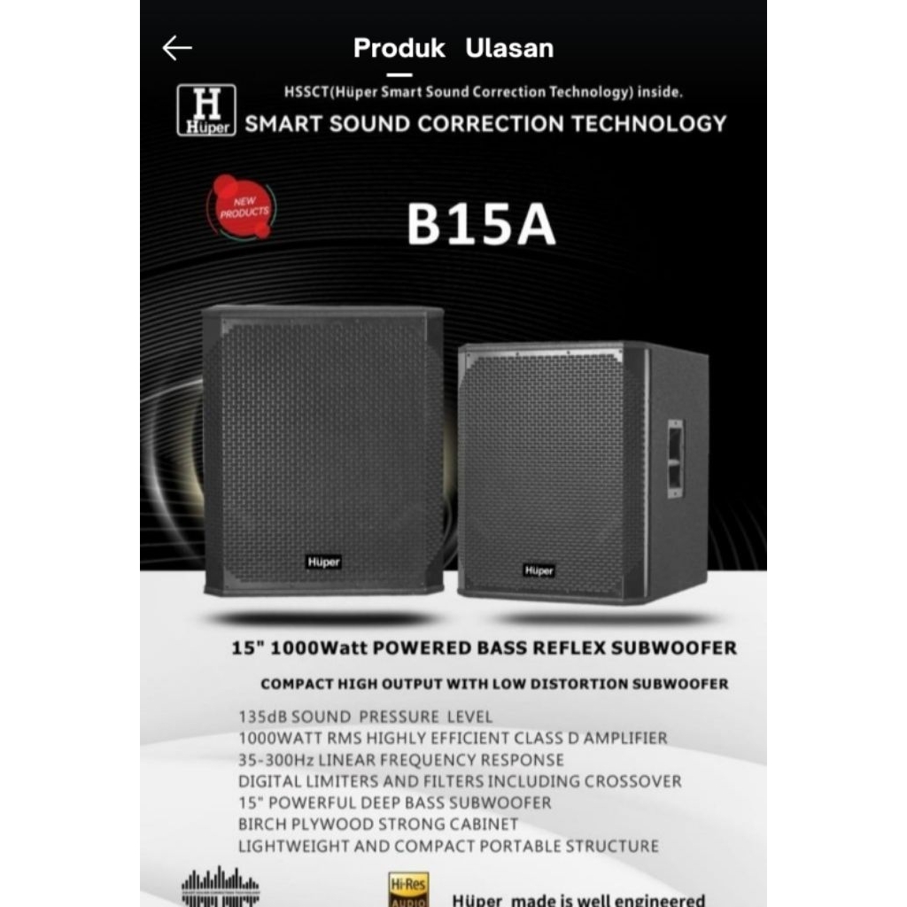 HUPER B15A 15INCH SUBWOOFER AKTIF ORIGINAL / B15A / B15A HUPER / SUB B15A ORIGINAL (harga perpasang)