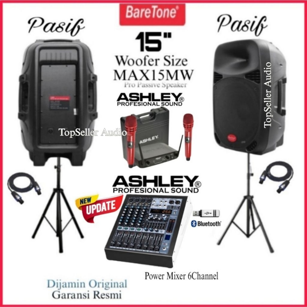 Paket Sound System Karaoke [ Live Musik Dll ] Speaker 15 Inch BareTone Max15Mw Power Mixer Ashley M6