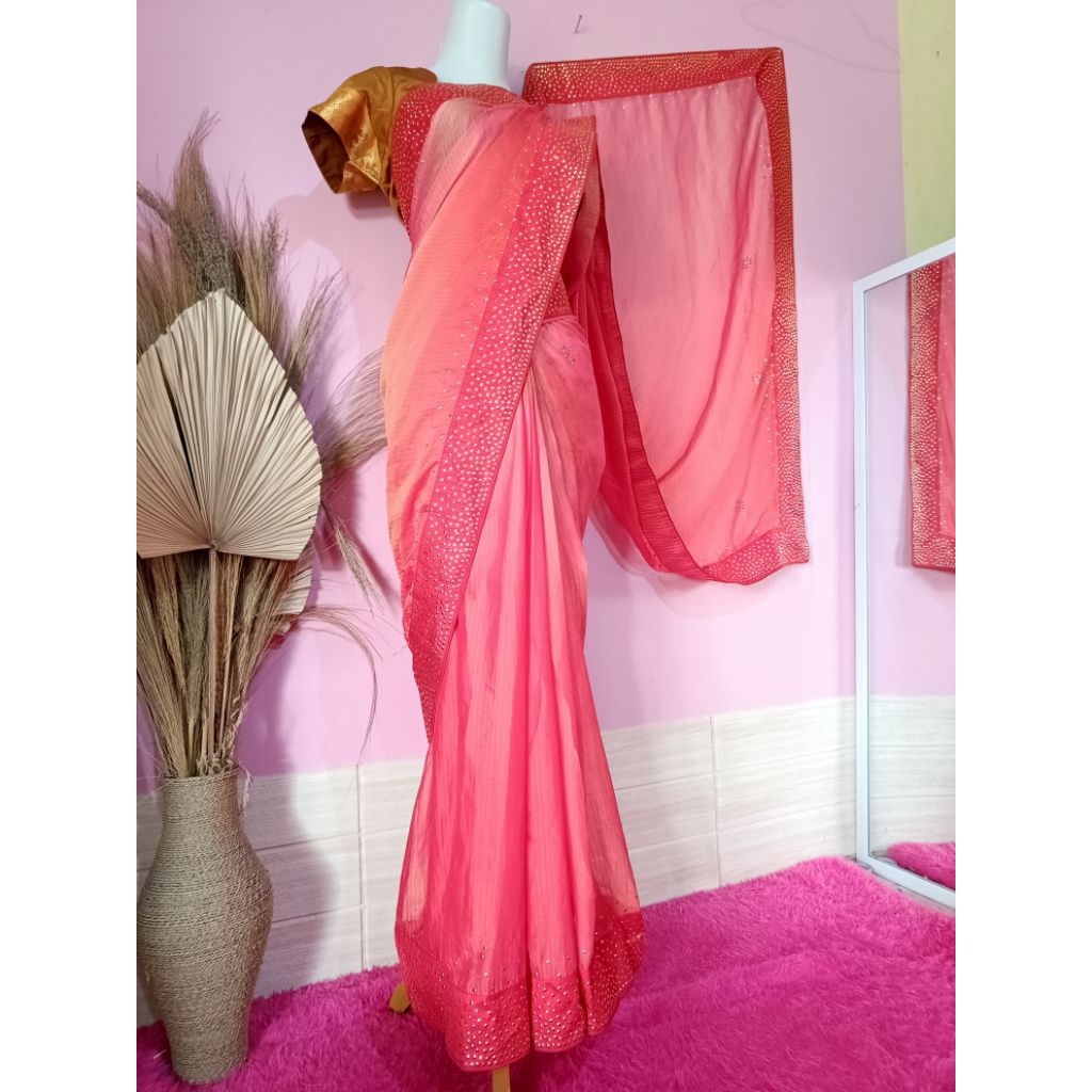 BAJU INDIA/ SARII INSTAN SATIN ORANGE MEWAH/ MINUS KOTOR