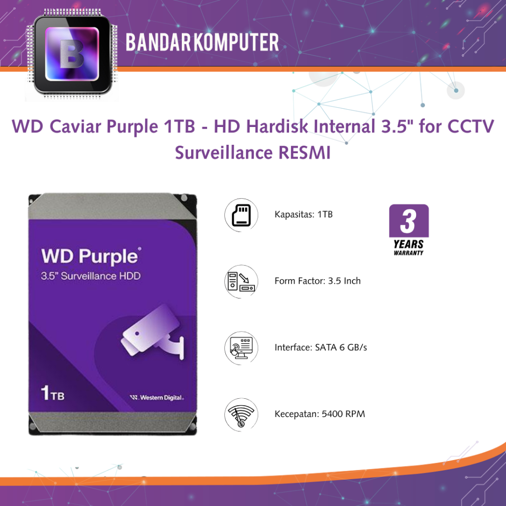 WD Caviar Purple Harddisk 1TB - HDD/ Hardisk/ CCTV/ DVR/ NVR 1 TB 3.5" RESMI