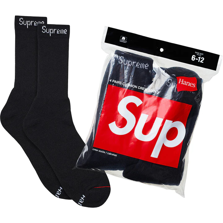 Supreme Kaos Kaki Supreme X Hanes Crew Socks Tebal Lembut 4 Pair Warna Putih Hitam Mix Ukuran 6-12 U