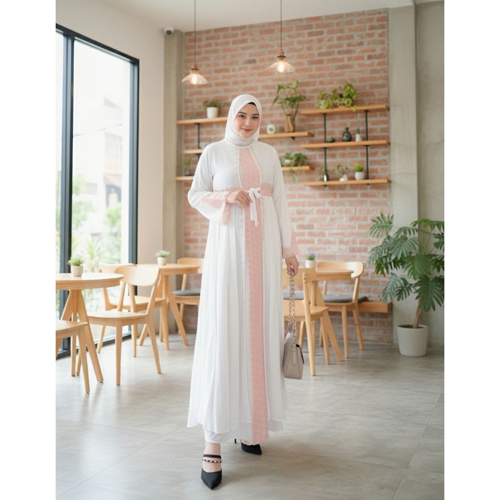 Abaya Putih Pink Terbaru Gamis Muslimah Wanita Modern Elegan Mewah