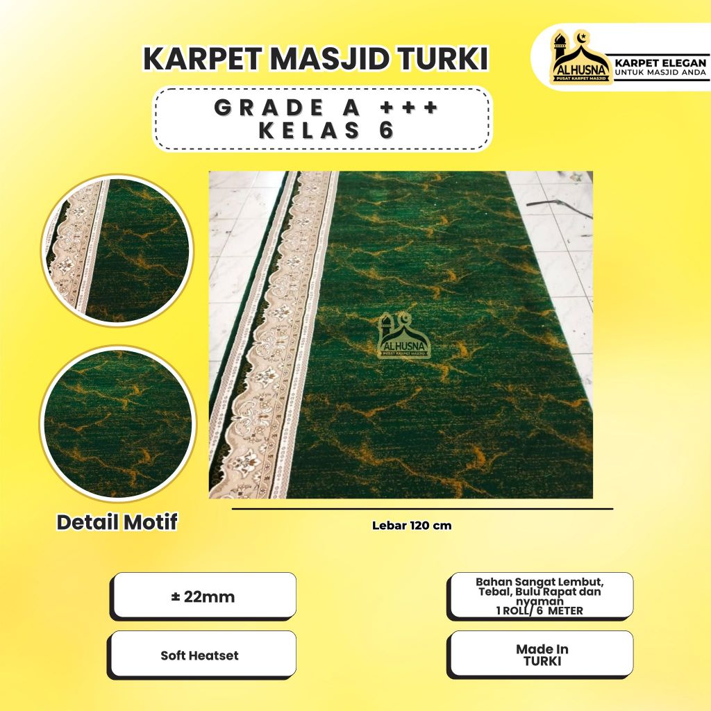 Alhusna Karpet Masjid - Karpet Masjid Lembut Empuk Tebal 22mm Romance Istanbul Warna Gold / Emas / M