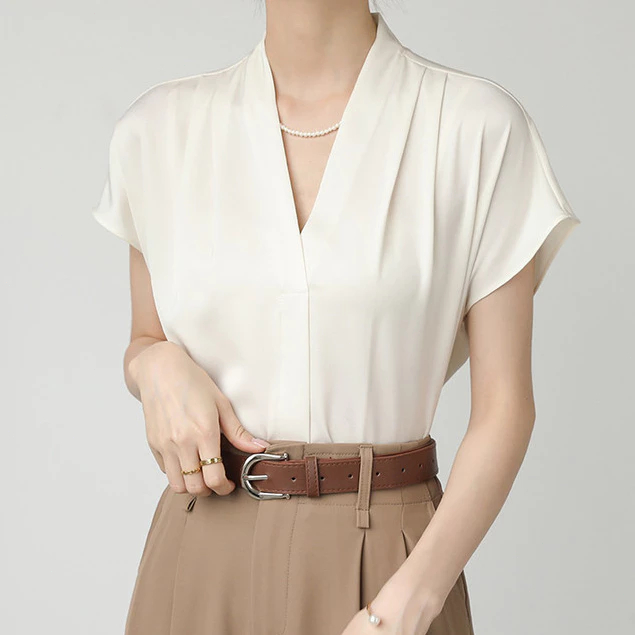 YURUMA Blus Sifon Prancis Wanita Lengan Pendek V-Neck Satin