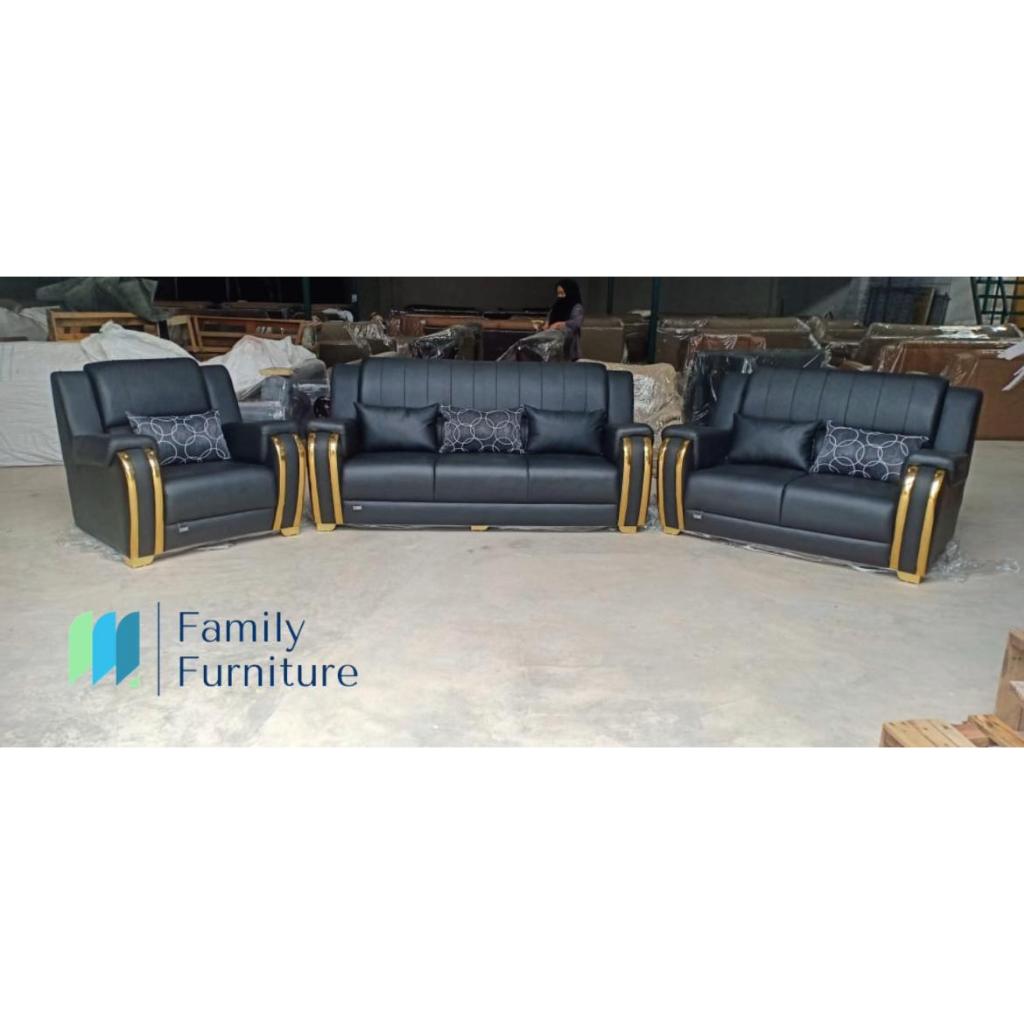 Sofa 3 2 1 Hitam List Emas + Meja Marmer White (MT 418)