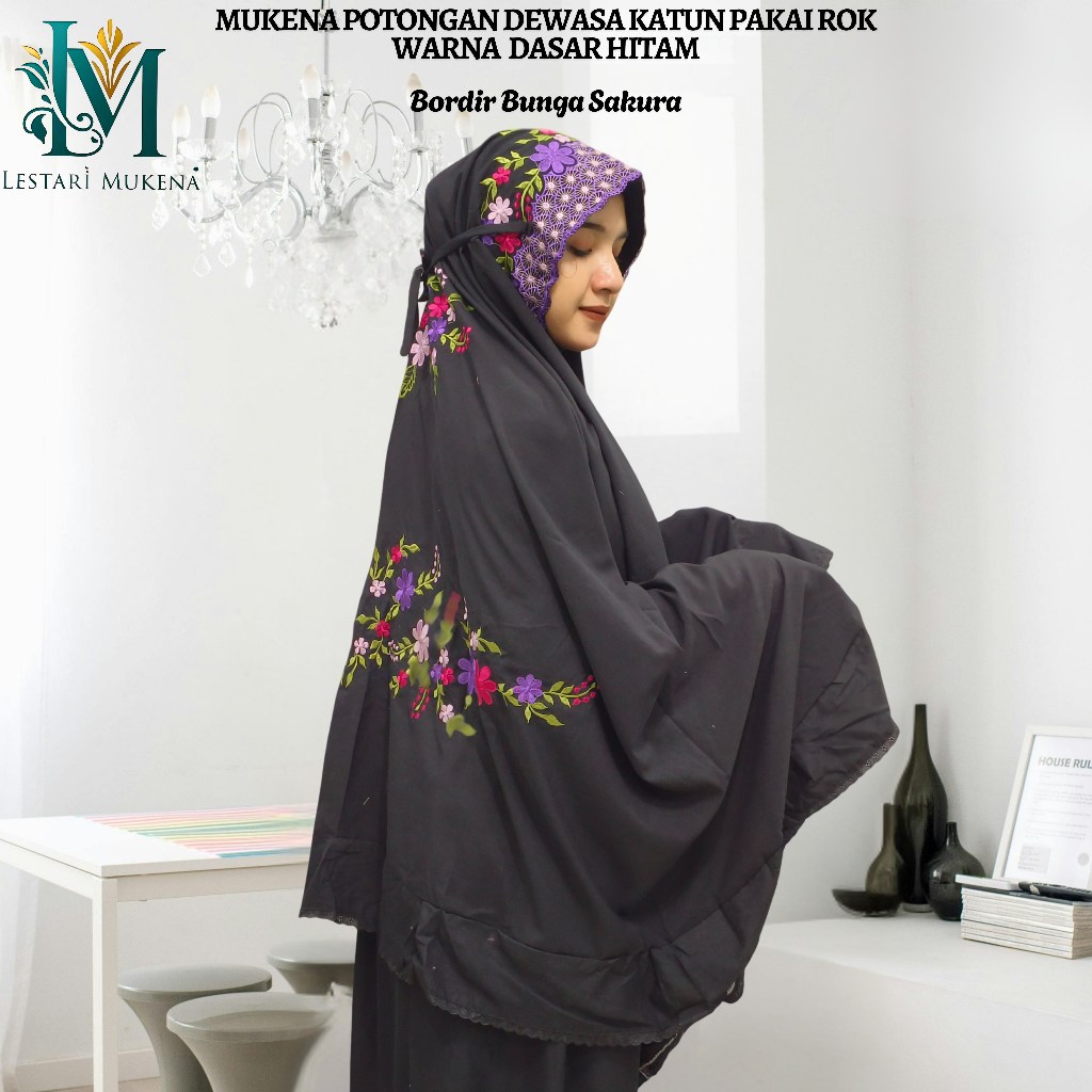 Mukena Potongan Setelan Dewasa Bahan Katun Mikro Warna Hitam Motif Bordir Bunga Sakura
