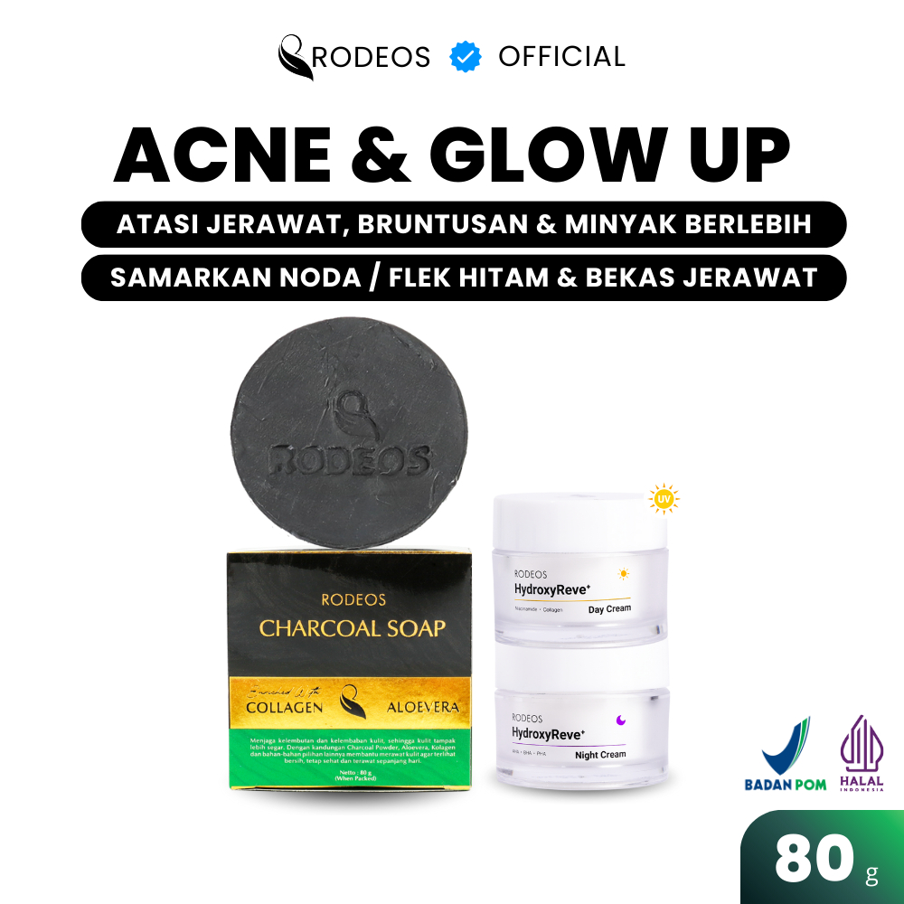 RODEOS 3IN1 ACNE & GLOW-UP BIGGER SIZA 80G - Charcoal Soap + Day Cream + Night Cream | Glowing, SPF 