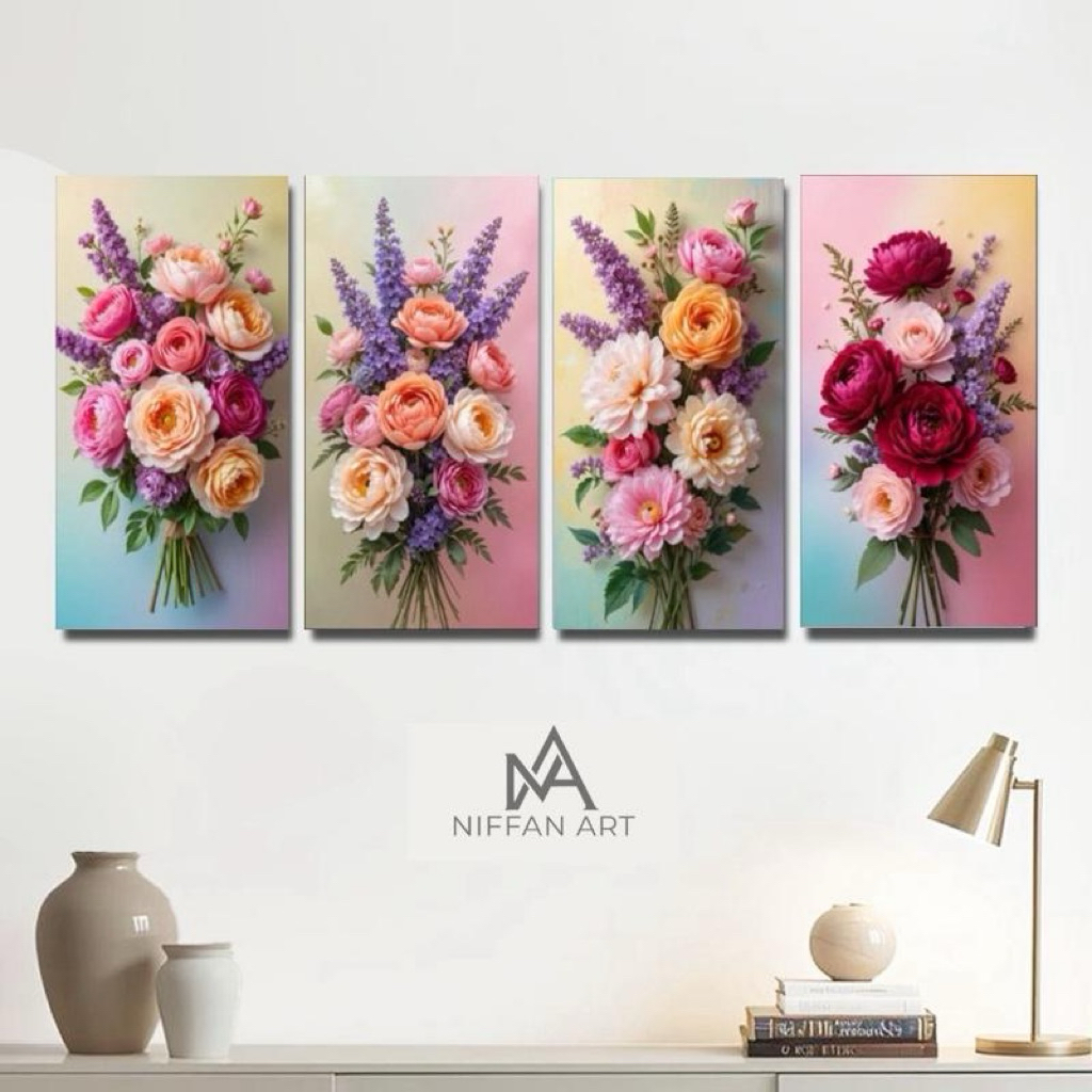Hiasan Dinding Satu Set Isi 4pcs Pajangan Rumah Ukuran 15x30cm Papan MDF Motif Bunga Mawar Merah Aes