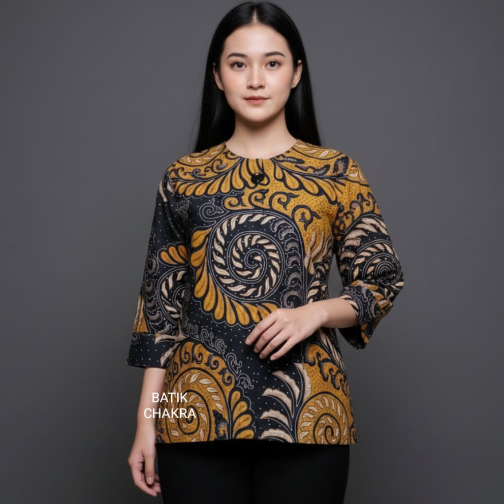 blus batik wanita modern KUNING bahan katun lapis full trikot