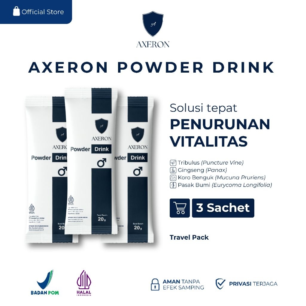 3 Sachet Axeron Powder Drink Minuman Kesehatan Pria 100% Original BPOM - Ekstrak Tribulus Terrestris