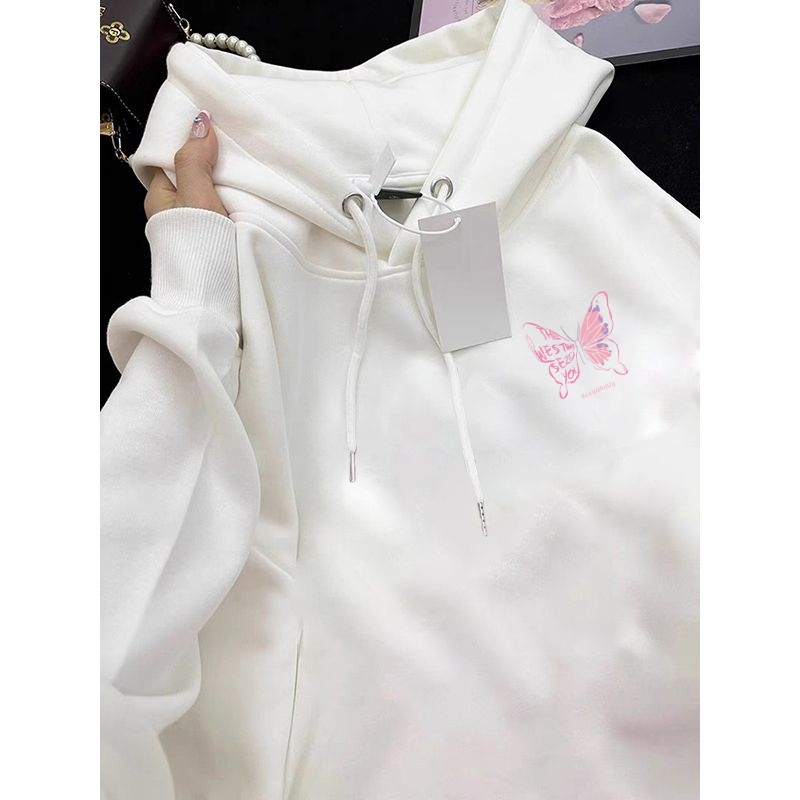 XZHAINV Hoodie lengan panjang wanita Korea motif kupu-kupu warna merah muda/Sweater Korea Lengan Pan