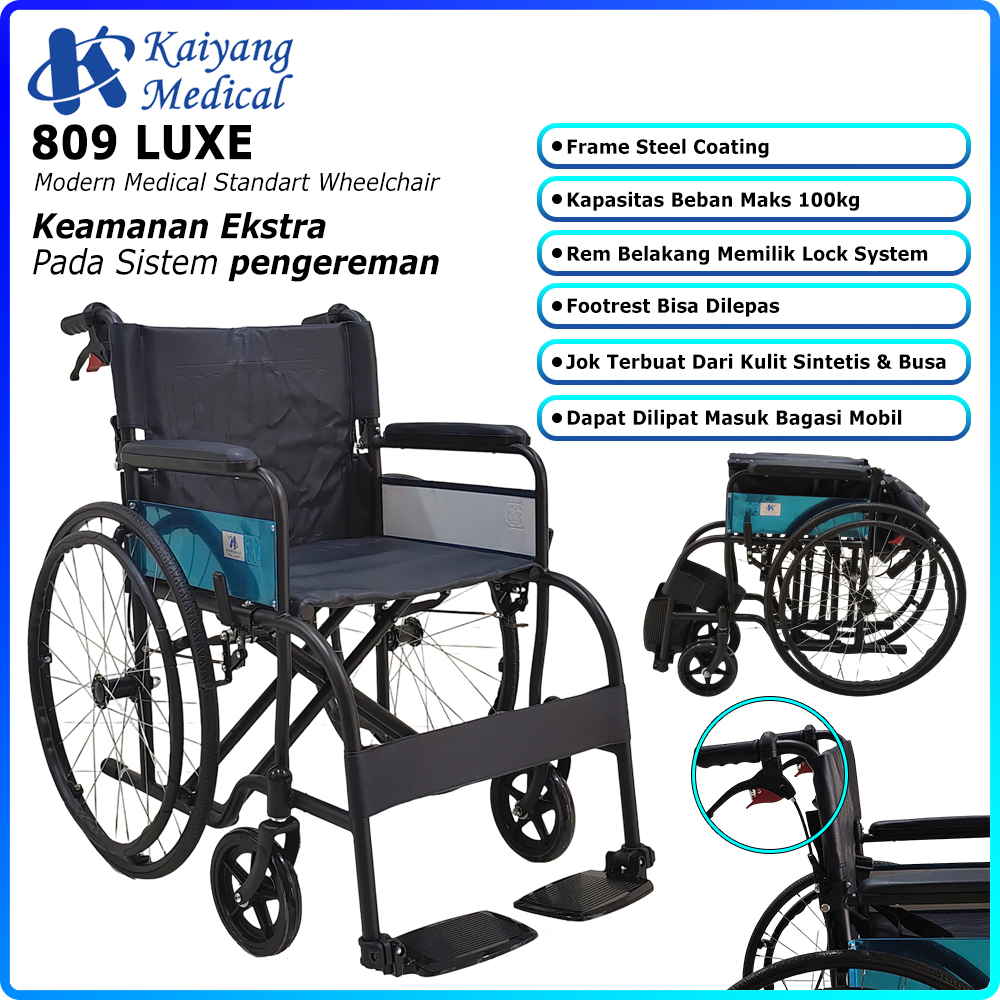 Kursi Roda Medis Rem Tangan + Pengunci KAIYANG 809 Luxe Ringan Jok Kulit Lipat Maks 100kg
