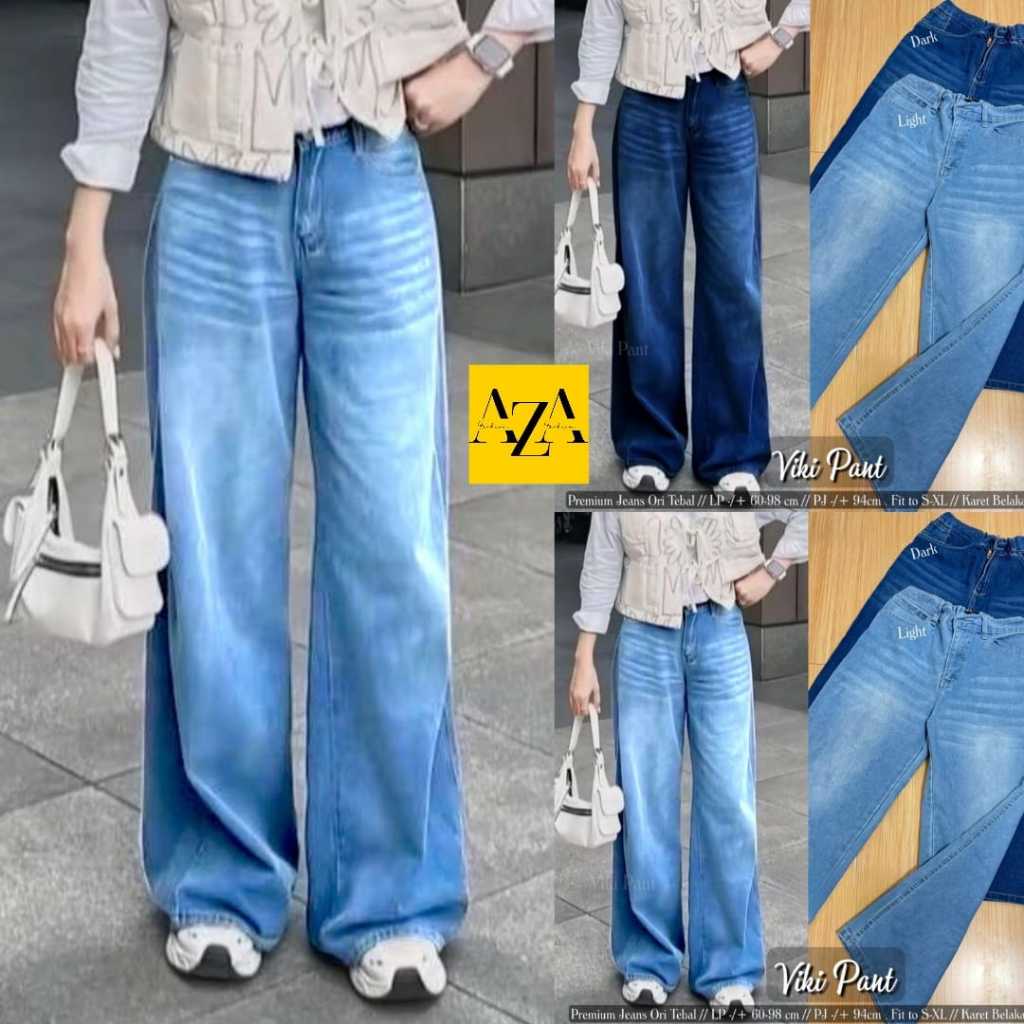 Celana Jeans Kulot Highwaist Wanita Wide Leg Long Viki Pant Premium Tebal - Pinggang Karet Belakang 