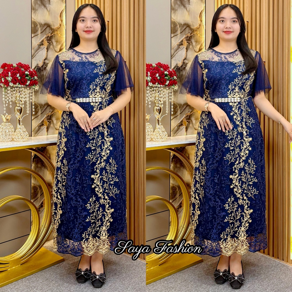 Longdress Tile Bordir Daun Free Belt Mutiara Baju Pesta Natal 2111