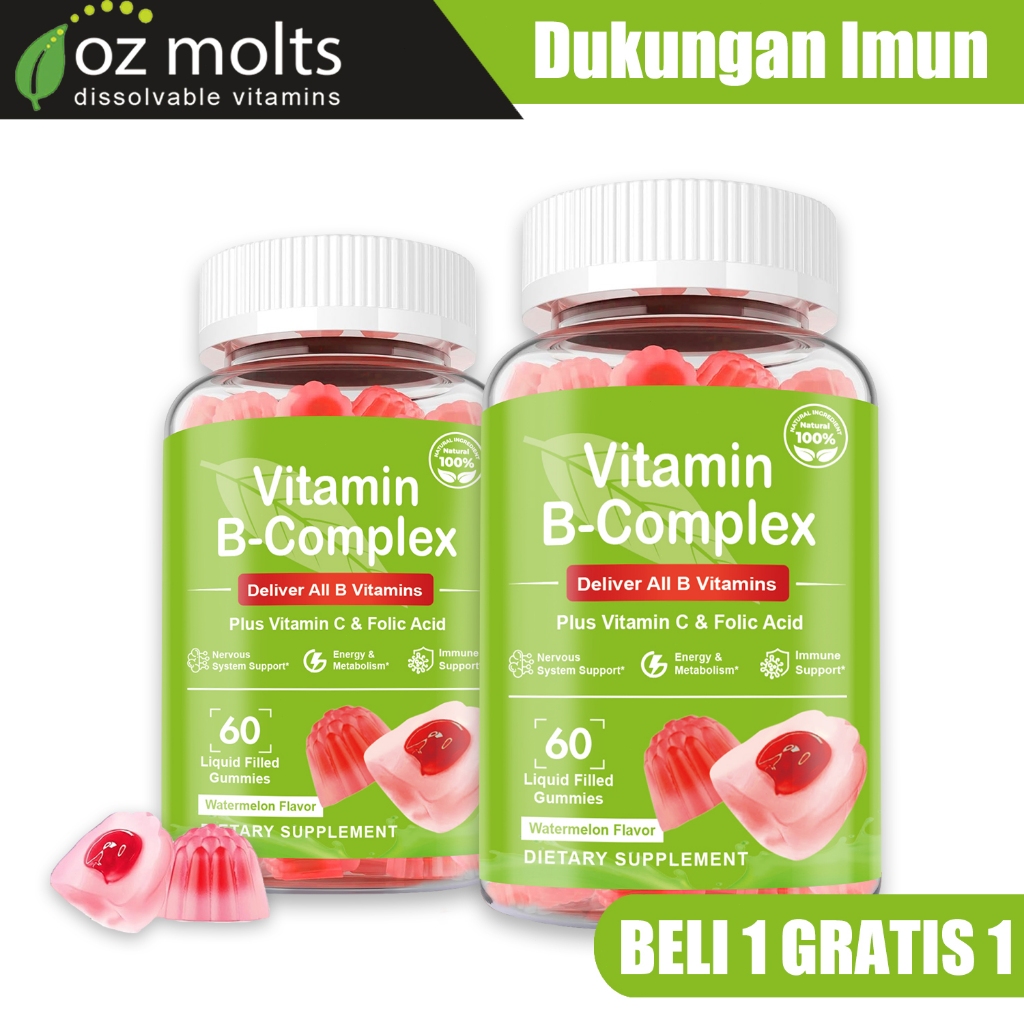 Ozmolts Vitamin B Complex Gummy Kids and Adult Candy Vegan Supports Digestive System Functions & Ner