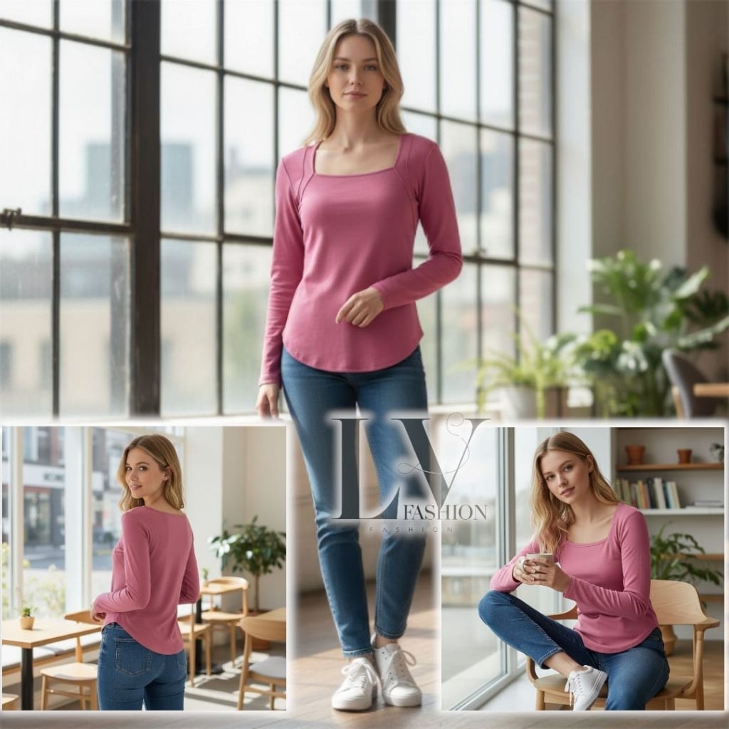 LV/ Crop Top Wanita Korea Kaos Lengan Panjang Wanita Korea Square Neck Oval Blouse Lengan Panjang 93