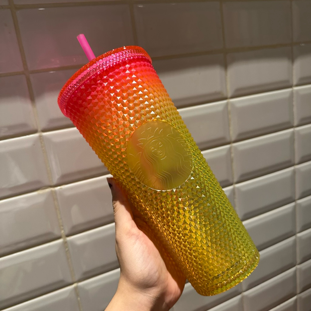 NEW Tumbler Starbucks Yellow Pink Sunrise Gradient Bling Bling Summer 2022 Edition Original Starbuck