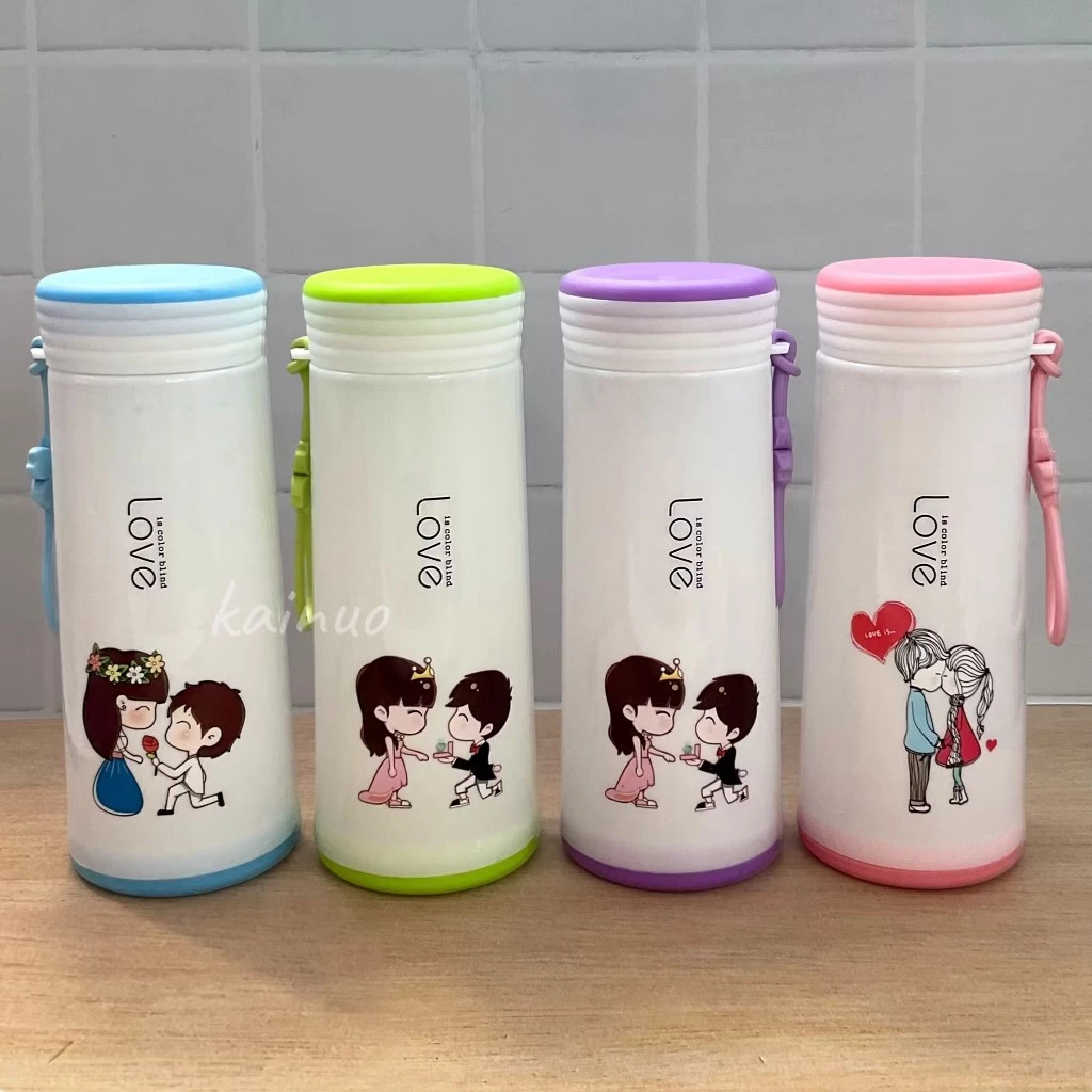 CK Botol Air Minum Kaca Pure Love Kartun 360 ML BPA Free Tutup Anti Tumpah Motif Cartoon Hati Pasang