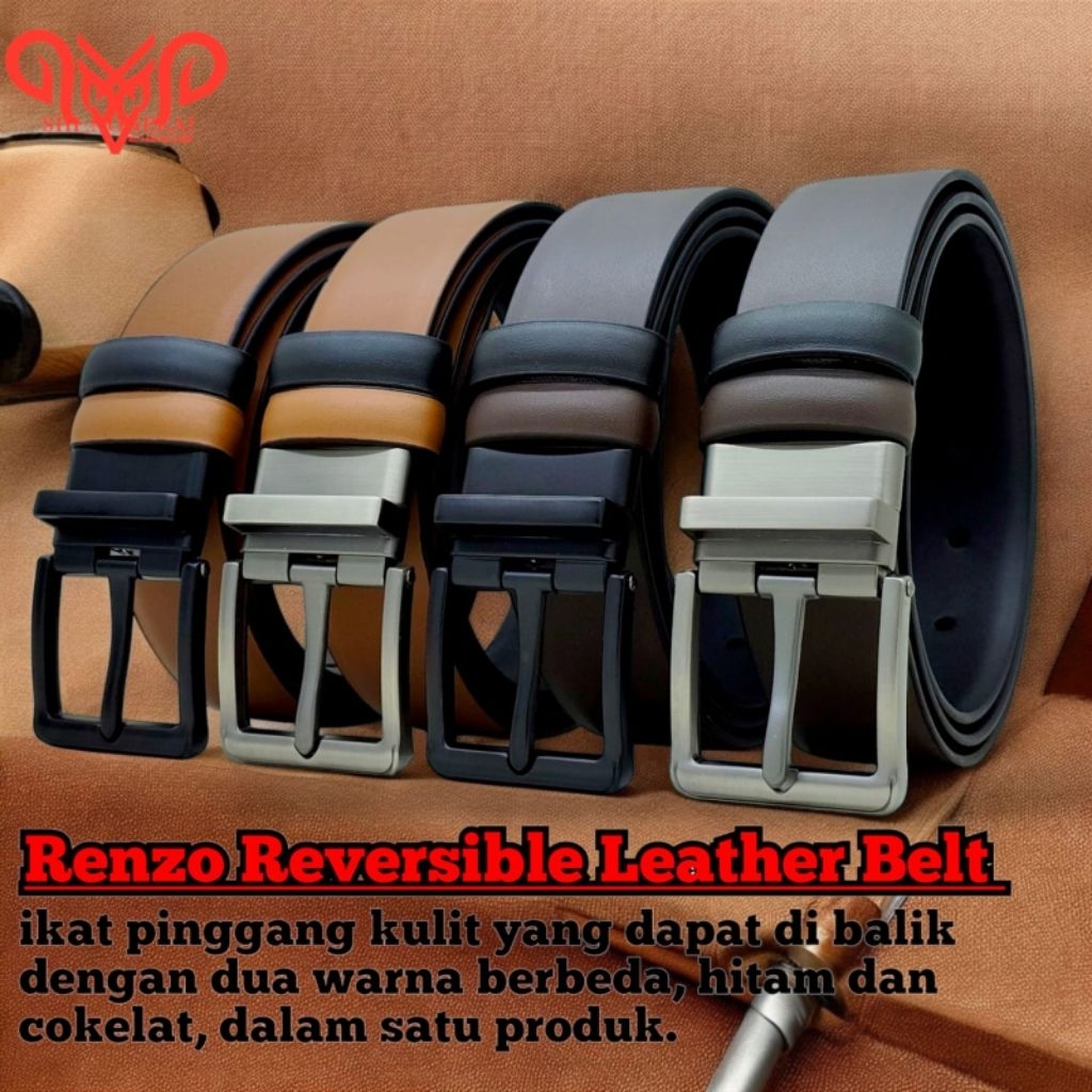 ikat pinggang pria 3,5cm kulit PREMIUM murah sabuk kulit putar RENZO REVERSIBLE fahion belt BBS-047H