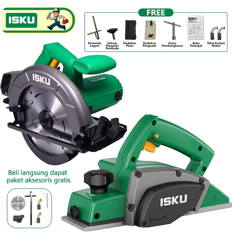 ISKU 2 Set Pemotong Kayu/Mesin Potong Kayu Circular Saw 1000W / Mesin Serut Kayu 450W